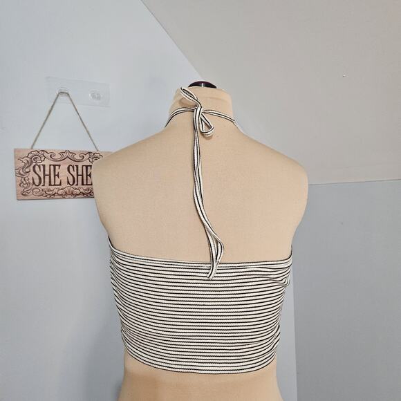 White Fawn Top Rose Embroidered Halter Crop Top Large Striped Summer Y2K Floral - Picture 5 of 12